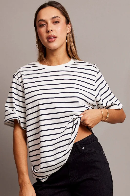 women's T-shirts with geometric patternsWhite Stripe Oversized T Shirt Short Sleeve Crew Neck