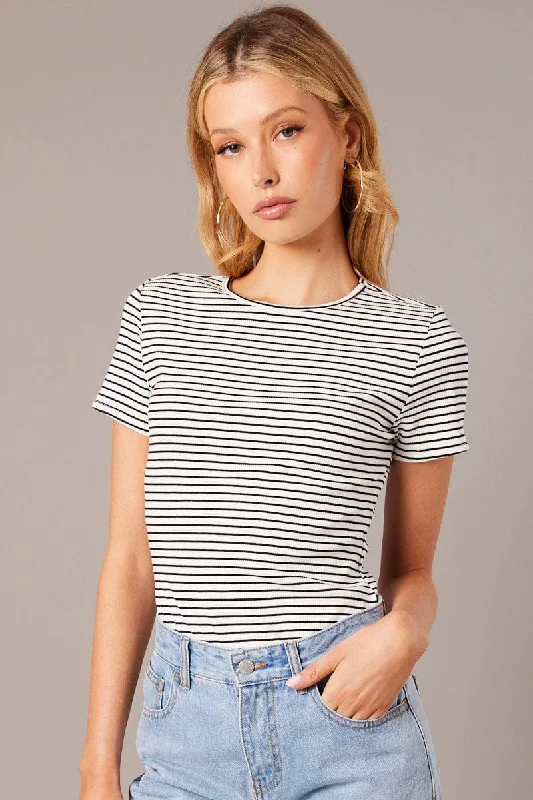 women's T-shirts with built-in brasWhite Stripe Longline T Shirt Short Sleeve Crew Neck Rib Jersey