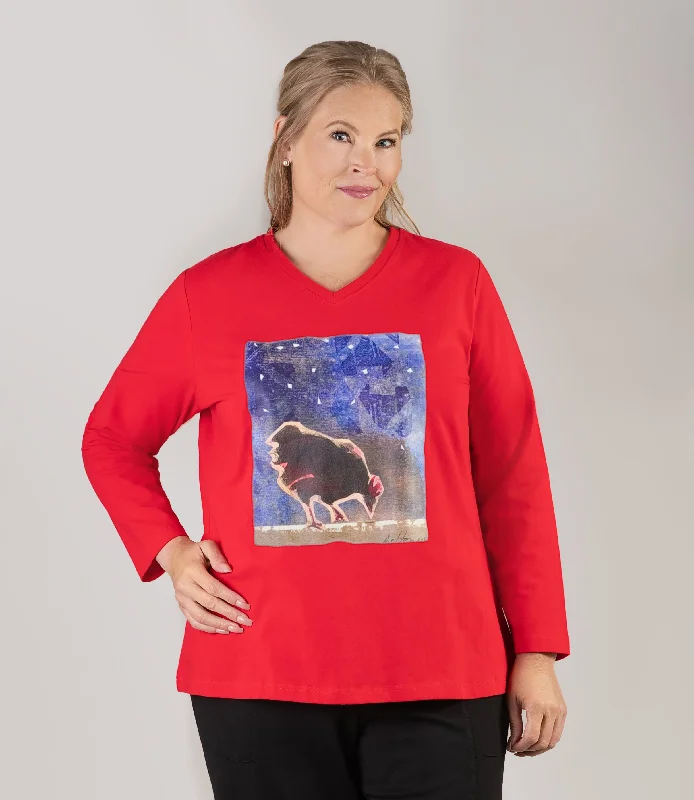 women's long sleeve tops made of cashmereDesigner Graphic Long Sleeve V-Neck Top Oh Henny!