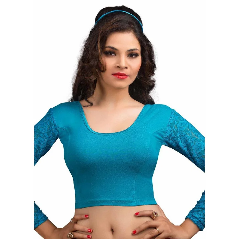 women's long sleeve tops with trendy patternsDesigner Firozi Non-Padded Cotton Lycra Stretchable Netted Long Sleeves Saree Blouse Crop Top (A-16-Firozi)