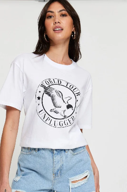 women's T-shirts with asymmetrical hemlinesWhite Graphic T Shirt Short Sleeve