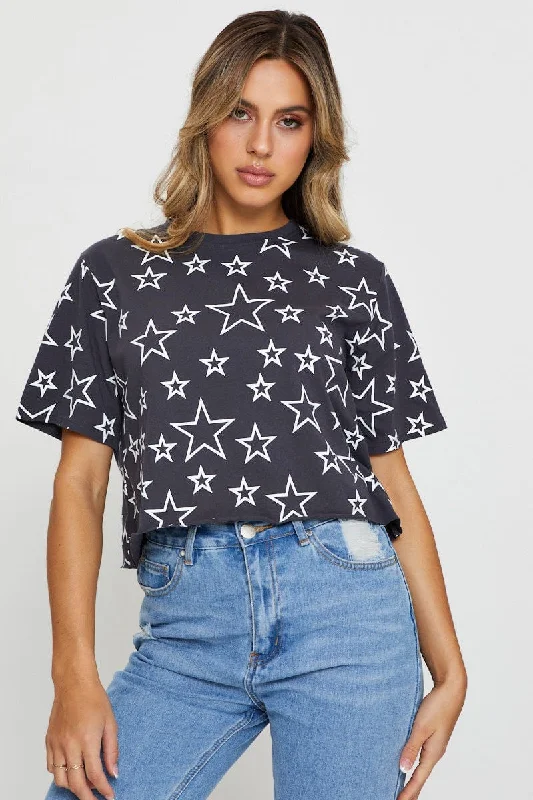 women's T-shirts with ribbed hemsPrint Short Sleeve Jersey All Over Star Print T Shirt