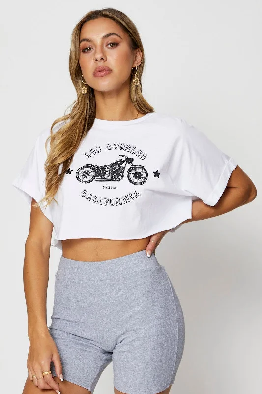 women's T-shirts with plus-size optionsWhite Graphic T Shirt Short Sleeve Crop