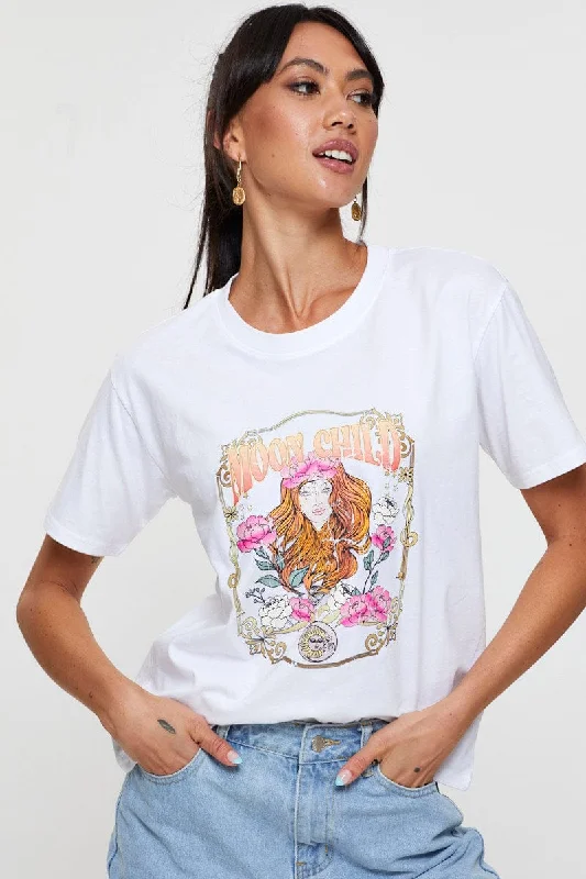 women's T-shirts with stretchable fabricWhite Graphic T Shirt Short Sleeve