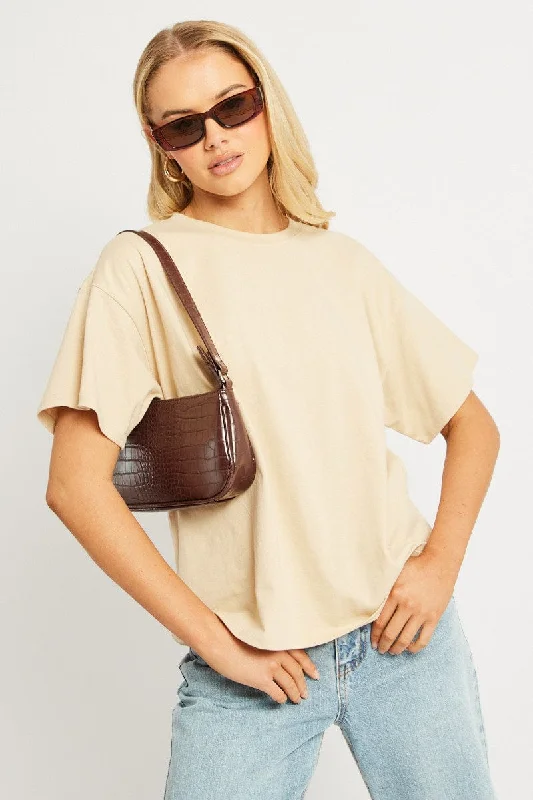 women's T-shirts with ruffle accentsBeige Oversized T Shirt Short Sleeve Crew Neck