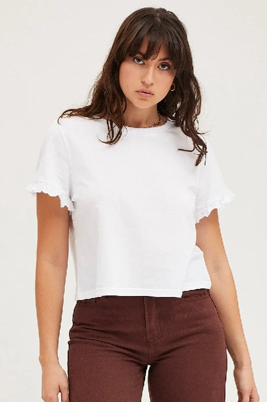 casual women's T-shirtsWhite Frill Detail T Shirt Short Sleeve