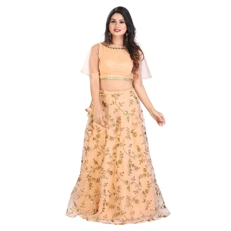 women's long sleeve tops with abstract designsStunning Golden Peach Lightweight Lehenga with Long Sleeveless Blouse - SNT11037