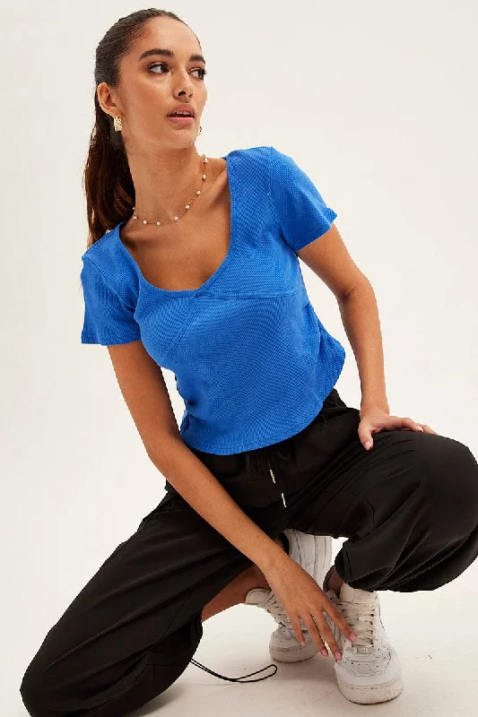 women's T-shirts with sequin embellishmentsBlue T Shirt Short Sleeve V Neck