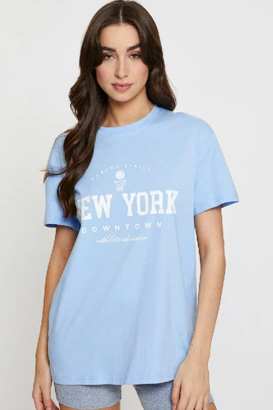 women's T-shirts with lace-up backsBlue Graphic T Shirt Short Sleeve