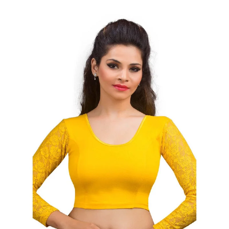 women's long sleeve tops with floral printsDesigner Dark-Yellow Non-Padded Cotton Lycra Stretchable Netted Long Sleeves Saree Blouse Crop Top (A-16-Dark-Yellow)