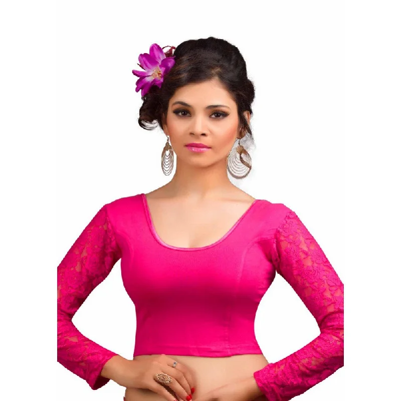 women's long sleeve tops for layeringDesigner Pink Non-Padded Cotton Lycra Stretchable Netted Long Sleeves Saree Blouse Crop Top (A-16-Pink)