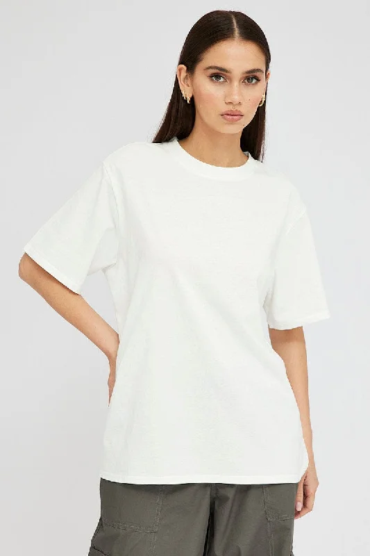 women's T-shirts with round necksWhite Oversized T Shirt Short Sleeve Crew Neck