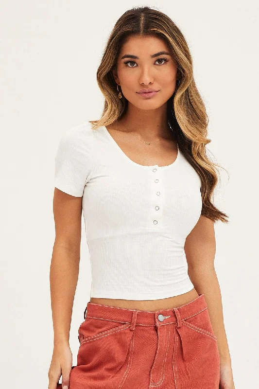 women's T-shirts with petite sizingWhite Press Stud T Shirt Ribbed