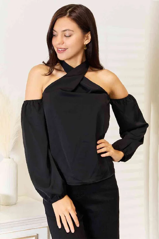 women's long sleeve tops with ribbon tiesDouble Take Grecian Cold Shoulder Long Sleeve Blouse