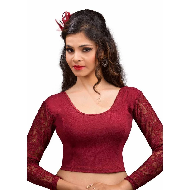 women's long sleeve tops with unique designsDesigner Maroon Non-Padded Cotton Lycra Stretchable Netted Long Sleeves Saree Blouse Crop Top (A-16-Maroon)