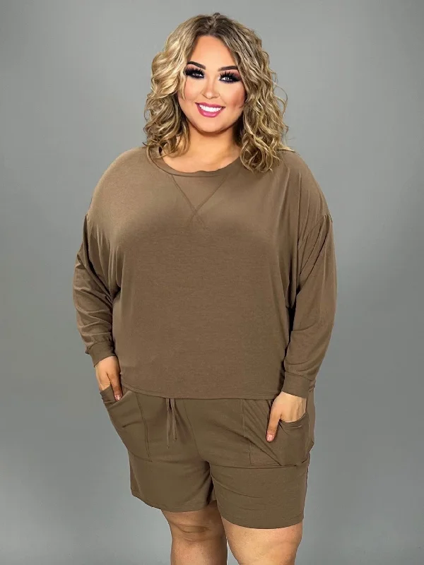 women's long sleeve tops with oversized fits29 SET-A {The Good Life} Coffee Long Sleeve Short Set PLUS SIZE 1X 2X 3X