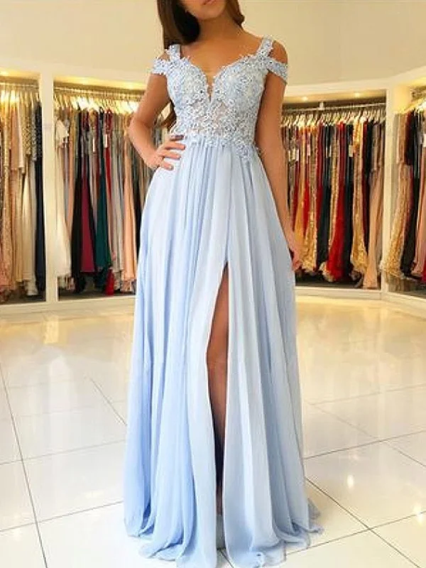 ruffle party dressesLight Blue Off Shoulder Lace Tulle Long Prom Dresses with Leg Slit, Light Blue Lace Graduation Formal Evening Dresses