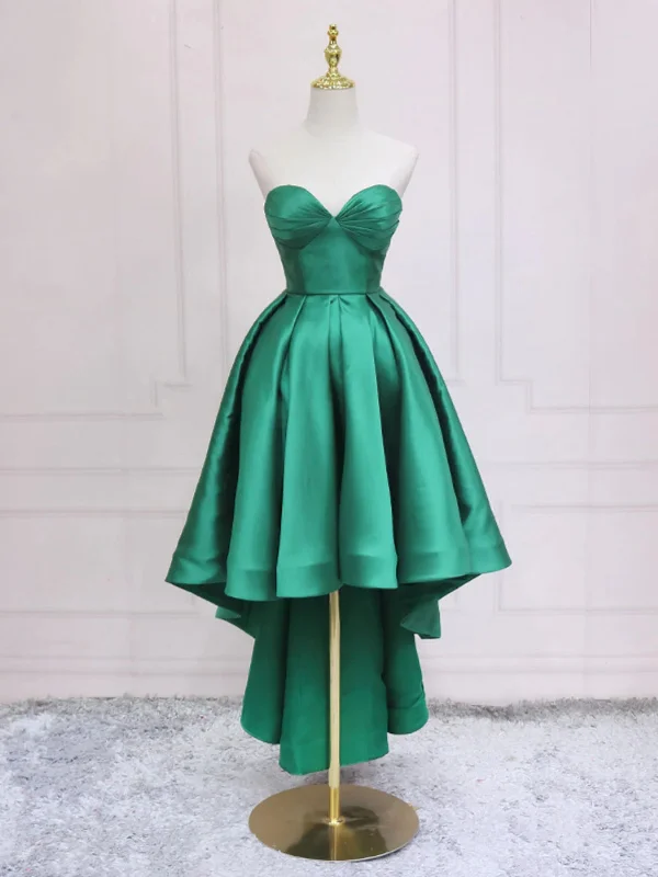 flowy party dressesHigh Low Sweetheart Neck Green Satin Prom Dresses, Strapless Green Homecoming Dresses, Short Green Formal Graduation Evening Dresses SP2718