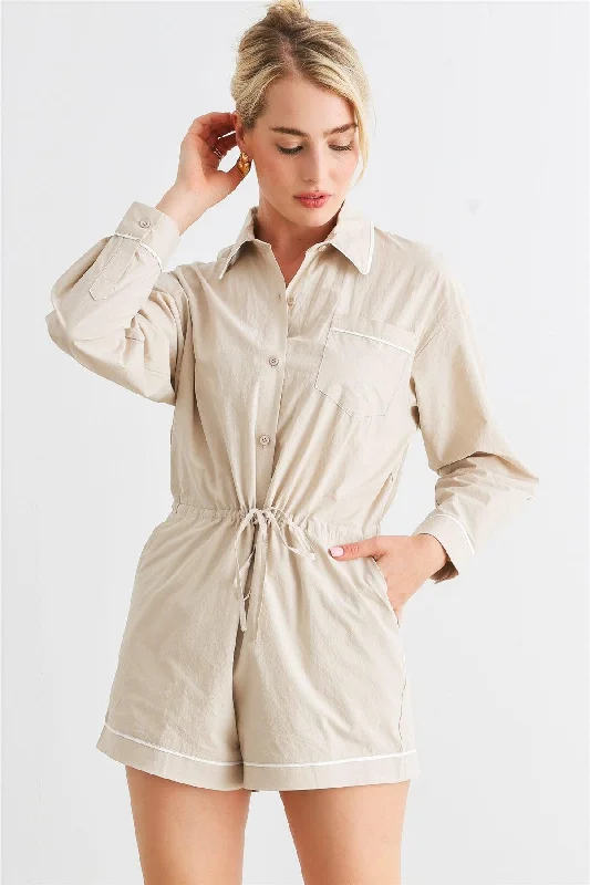 women's long sleeve tops for travelTaupe Cotton Long Sleeve Three Pocket Collared Neck Button-Up Romper