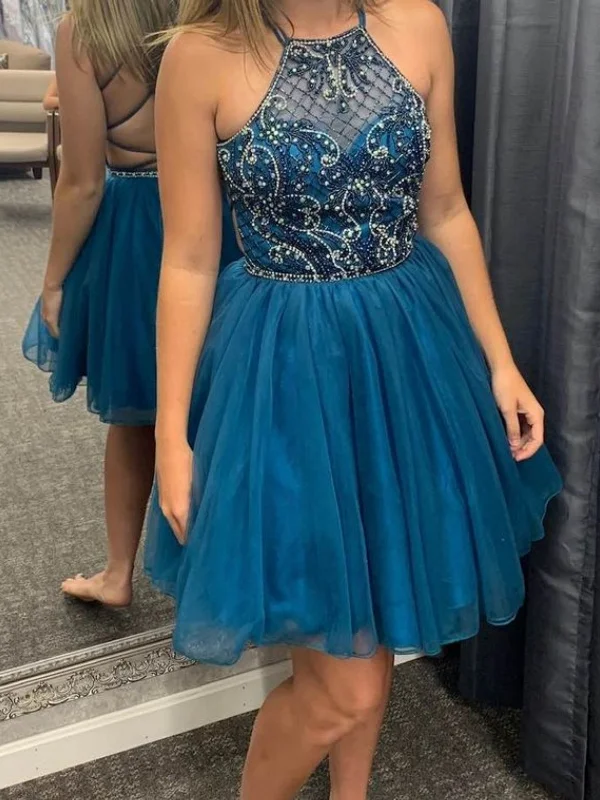 mother-of-the-bride party dressesA Line Backless Beaded Short Blue Prom Dresses, Blue Homecoming Dresses, Beaded Formal Evening Dresses SP2296