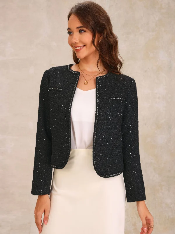 women's long sleeve tops made of cottonTweed Long Sleeve Sequins Glitter Cropped Jacket