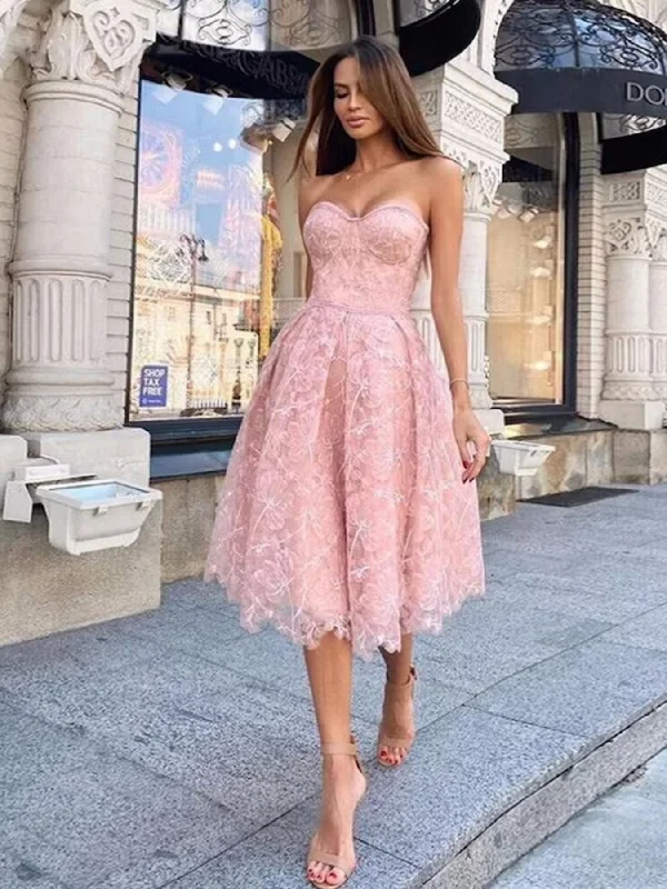 bachelorette party dressesStrapless Pink Lace Short Prom Dresses, Pink Lace Homecoming Dresses, Short Pink Formal Graduation Evening Dresses SP2733