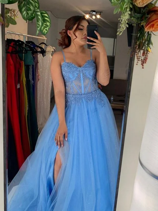 winter party dresses (with tights)Sweetheart Neck Blue Lace Long Prom Dresses with High Slit, Blue Lace Formal Dresses, Blue Tulle Evening Dresses SP3005