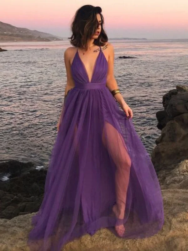 A-line party dressesSimple A Line V Neck Purple Tulle Long Prom Dresses with High Slit, V Neck Purple Formal Graduation Evening Dresses SP2952