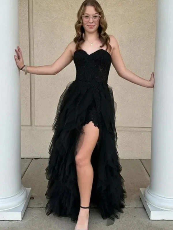 elegant party dressesStrapless Black Lace Long Prom Dresses with High Slit, Black Lace Ruffle Formal Dresses, Black Evening Dresses SP2969