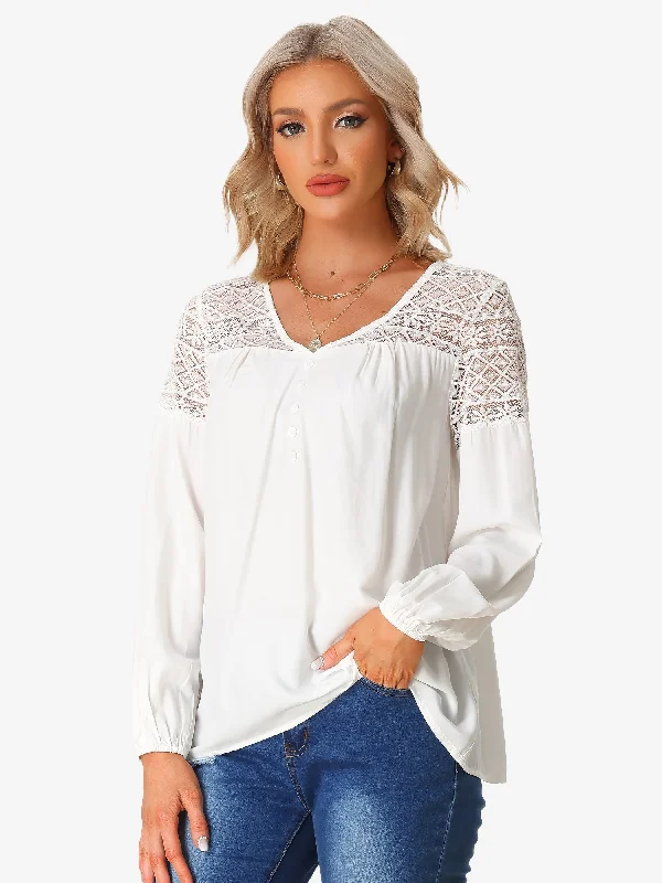 women's long sleeve tops with warm and cozy fabricBoho Lace Panel Sheer V Neck Long Sleeve Blouse