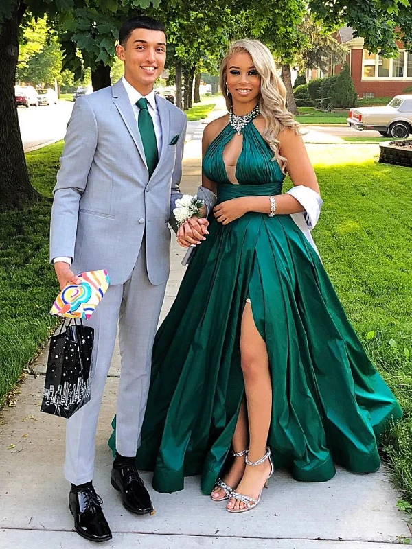 lightweight party dressesSexy High Neck Green Satin Long Prom Dresses with High Slit, Long Green Formal Graduation Evening Dresses SP3043