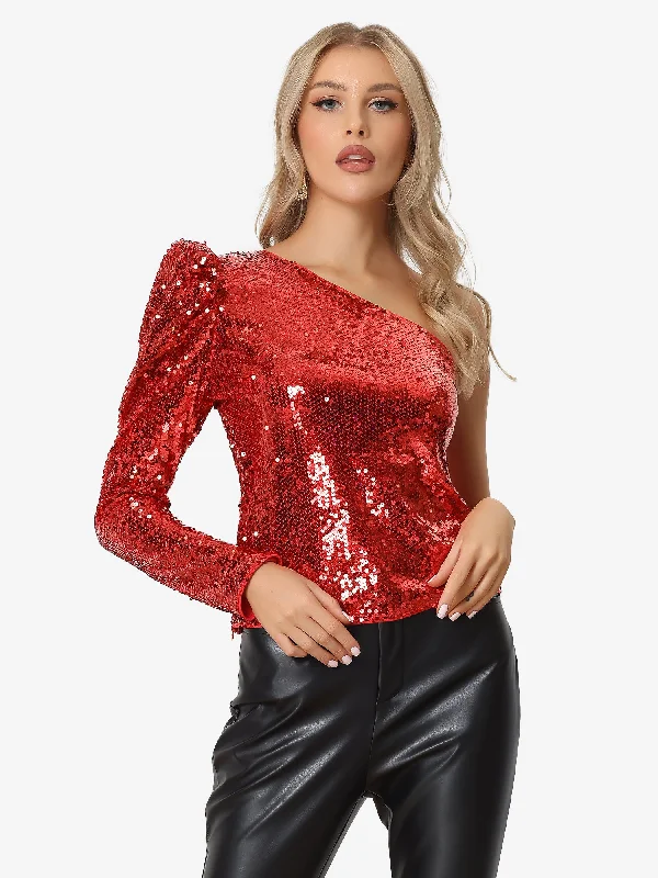 women's long sleeve tops with high-low hemlinesSparkly Sequin One Shoulder Puff Long Sleeve Shimmer Tops