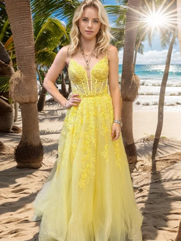 sustainable party dressesA Line V Neck Yellow Lace Long Prom Dresses, Yellow Lace Formal Dresses, Yellow Evening Dresses SP2906