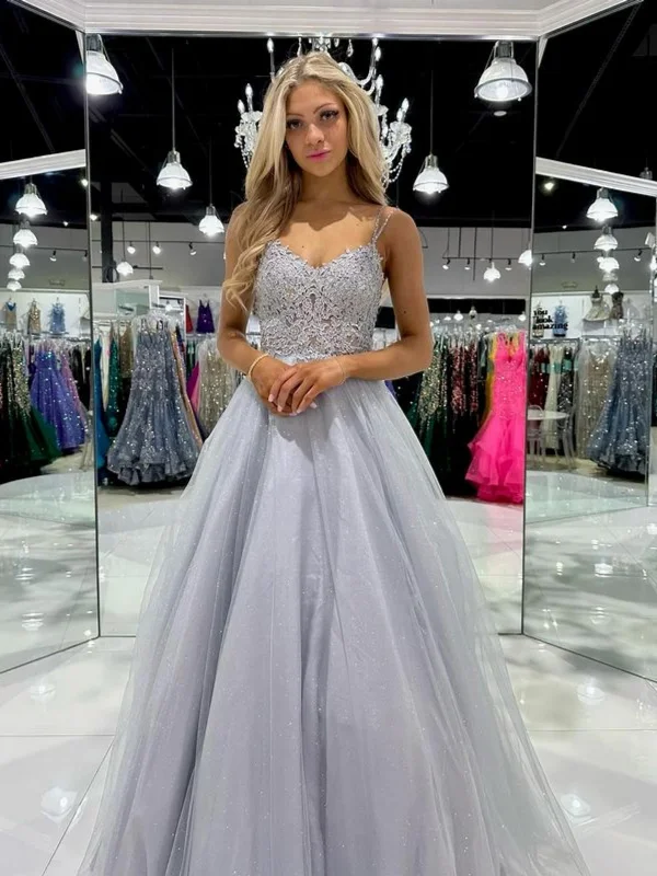 petite party dressesA Line Silver Gray Lace Long Prom Dresses, Silver Gray Lace Formal Dresses, Long Grey Evening Dresses SP3019