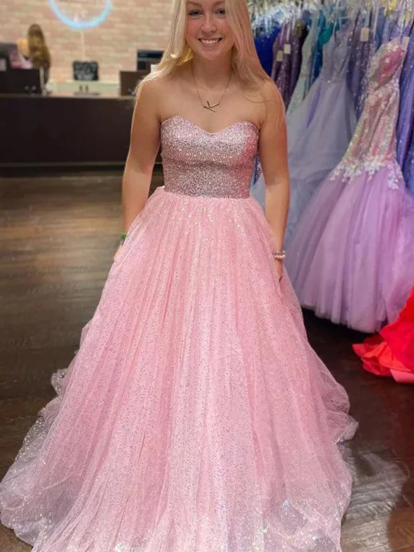 petite party dressesShiny Strapless Backless Pink Tulle Long Prom Dresses, A Line Pink Formal Graduation Evening Dresses SP2937