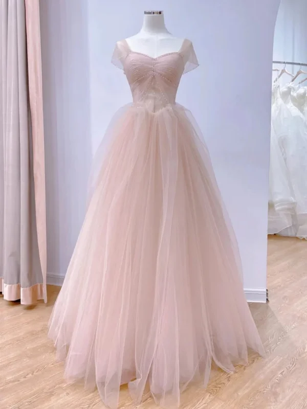 custom-made party dressesCap Sleeves Beaded Pink Tulle Long Prom Dresses, Long Pink Formal Graduation Evening Dresses SP2914