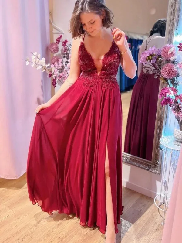 cotton party dressesBackless A Line V Neck Burgundy Lace Long Prom Dresses with Side Split, Burgundy Lace Formal Dresses, Wine Red Evening Dresses SP2938