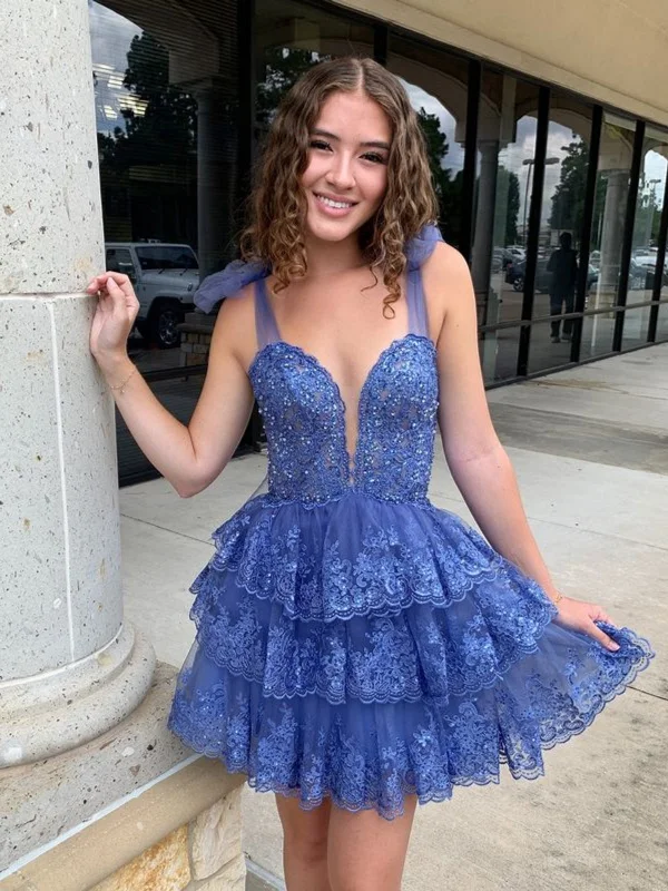 eco-friendly party dressesA Line V Neck Layered Blue Lace Prom Dresses, Blue Lace Homecoming Dresses, Short Blue Formal Evening Dresses SP3000