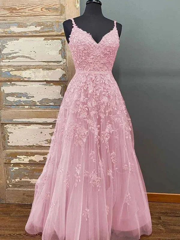 pool party dressesA Line V Neck Open Back Pink Lace Long Prom Dresses, Pink Lace Formal Graduation Evening Dresses SP2928