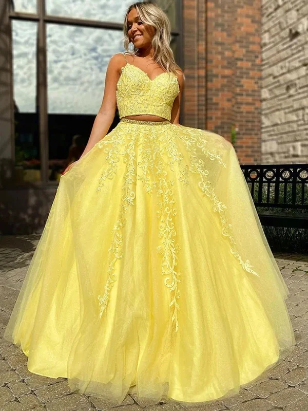 affordable party dressesV Neck Two Pieces Backless Beaded Yellow Lace Long Prom Dresses, 2 Pieces Lace Yellow Formal Dresses, 2 Pieces Backless Yellow Evening Dresses