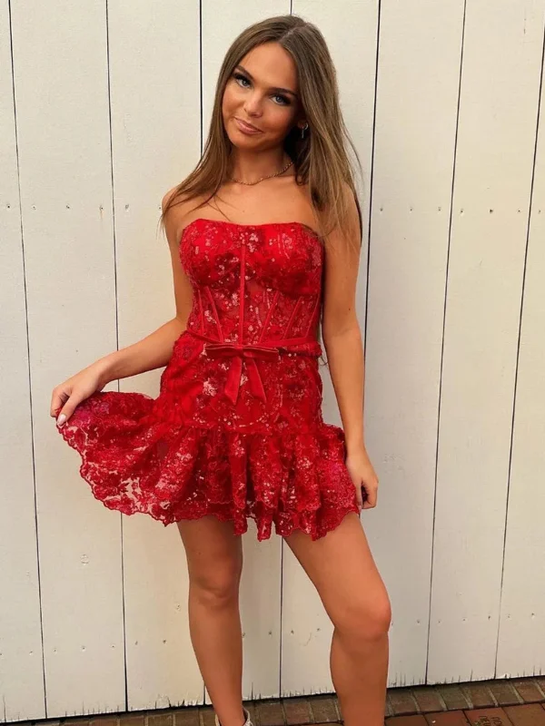 stylish party dressesPrincess Strapless Red Lace Short Prom Dresses, Red Lace Homecoming Dresses, Red Formal Evening Dresses SP2758