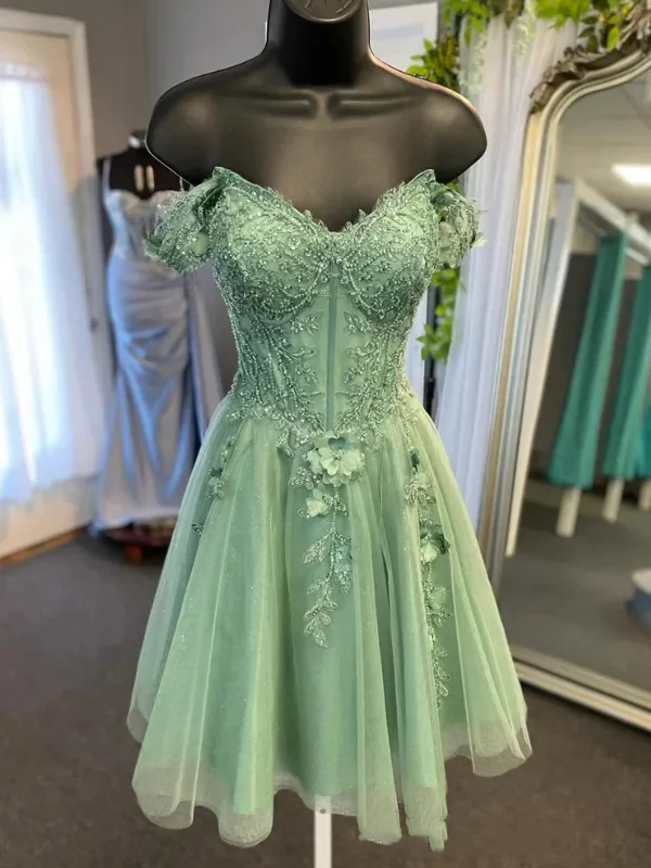 neon party dressesOff Shoulder Beaded Sage Lace Prom Dresses, Sage Lace Homecoming Dresses, Short Sage Formal Evening Dresses SP3003