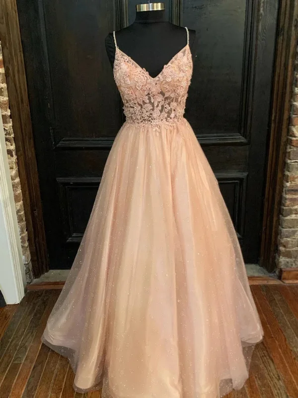 long party dressesShiny A Line V Neck Pink Floral Long Prom Dresses, Pink Lace Formal Dresses, Pink Evening Dresses SP2890