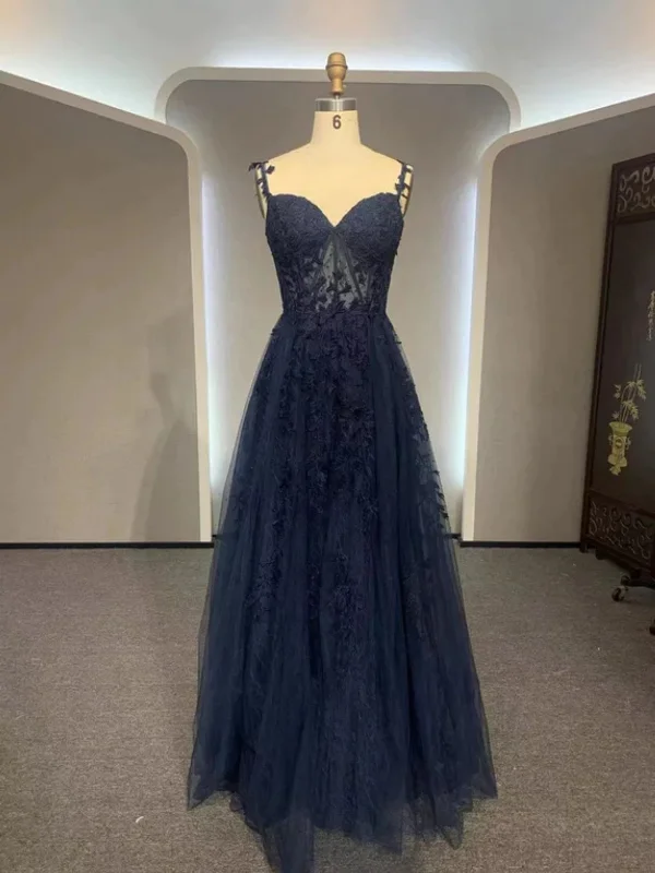 handmade party dressesA Line V Neck Navy Blue Lace Long Prom Dresses, Navy Blue Lace Formal Dresses, Long Navy Blue Evening Dresses SP2908