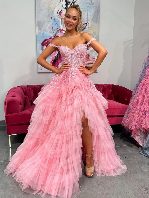 body-skimming party dressesOff Shoulder Ruffle Pink Lace Long Prom Dresses with High Slit, Off the Shoulder Pink Formal Dresses, Pink Lace Evening Dresses SP3017