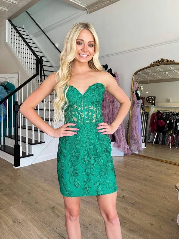 mini party dressesStrapless Beaded Green Lace Short Prom Dresses, Green Lace Homecoming Dresses, Green Formal Graduation Evening Dresses SP2712