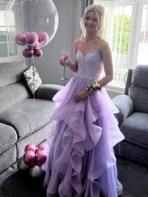 cocktail party dressesOpen Back V Neck Fluffy Lilac Lace Long Prom Dresses, Lilac Tulle Formal Dresses with Appliques, Lilac Evening Dresses SP2933