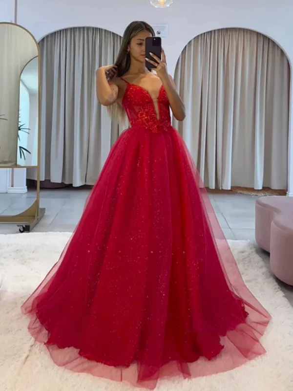 sequined party dressesShiny A Line V Neck Red Lace Long Prom Dresses, Red Lace Formal Dresses, Long Red Evening Dresses SP2957