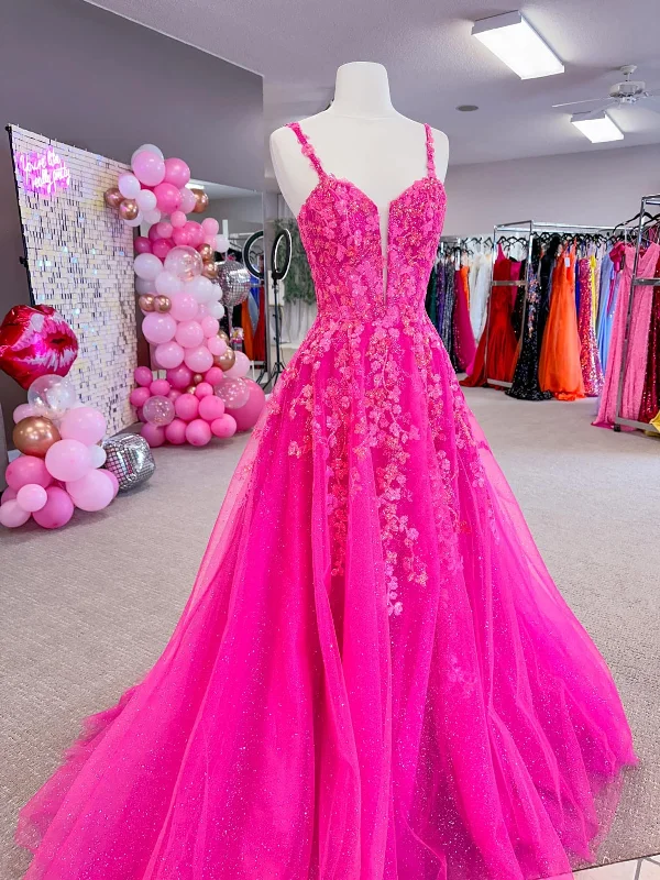 bridesmaid party dressesA Line V Neck Hot Pink Lace Long Prom Dresses, Hot Pink Lace Formal Dresses, Long Hot Pink Tulle Evening Dresses SP2977