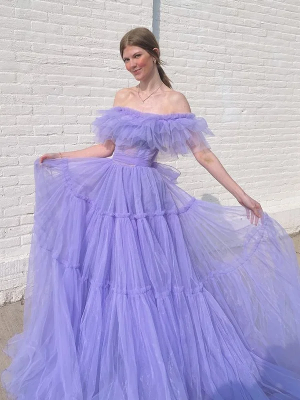 maxi party dressesOff Shoulder Lilac Tulle Long Prom Dresses, Off the Shoulder Formal Dresses, Lilac Tulle Evening Dresses SP2959